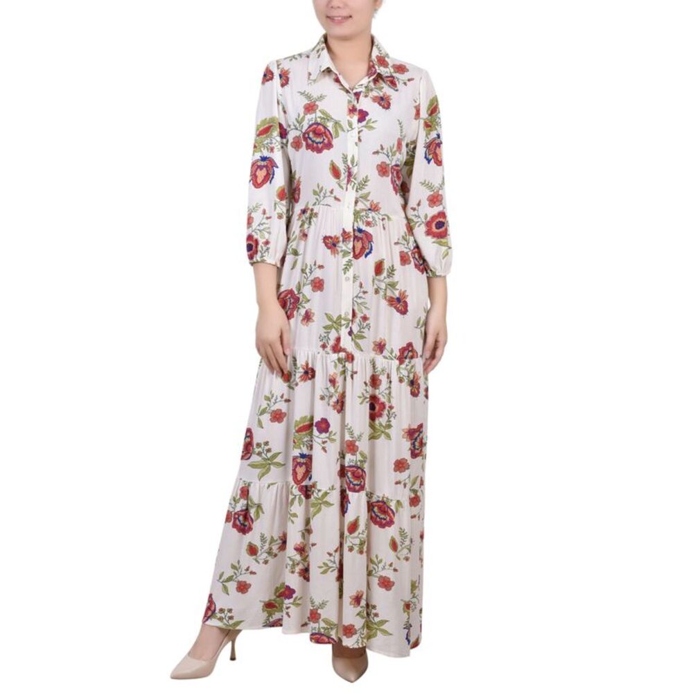 NY Collection Petite 3/4 Sleeve Crinkle Tiered Maxi Dress